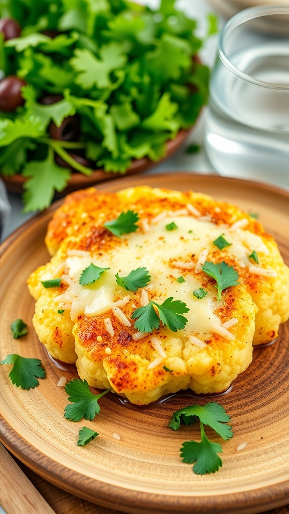 Garlic parmesan cauliflower steak garnished with parsley on a wooden plate with a salad in the background.
